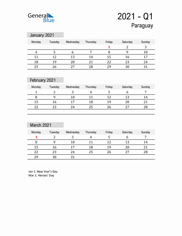 Paraguay Quarter 1 2021 Calendar with Holidays