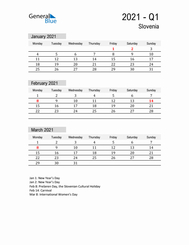 Slovenia Quarter 1 2021 Calendar with Holidays