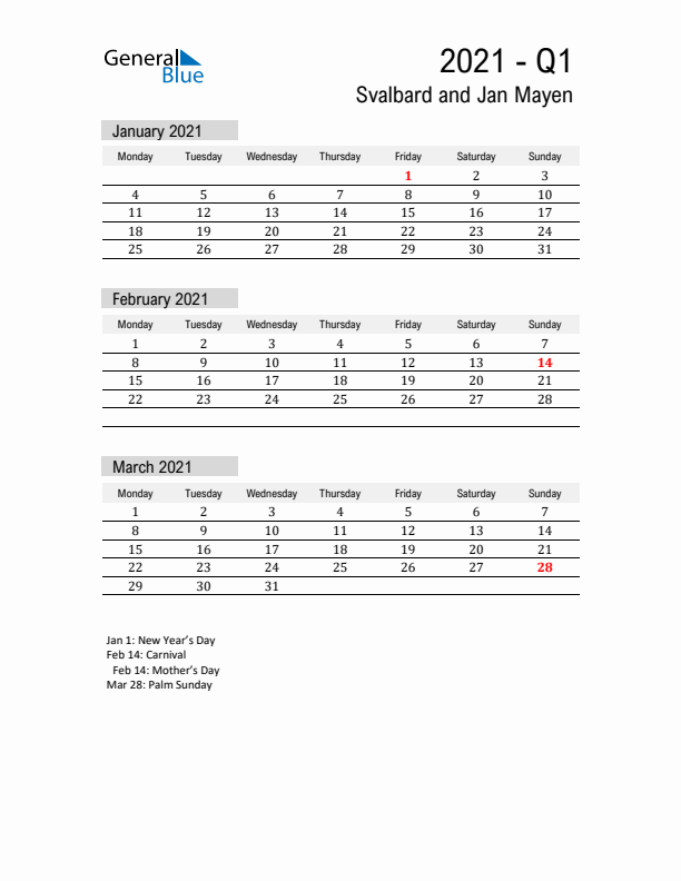 Svalbard and Jan Mayen Quarter 1 2021 Calendar with Holidays