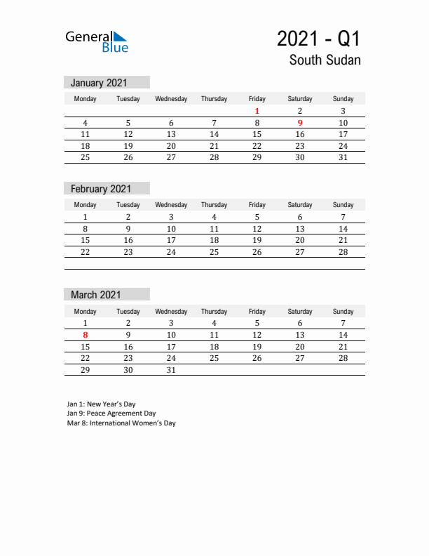 South Sudan Quarter 1 2021 Calendar with Holidays