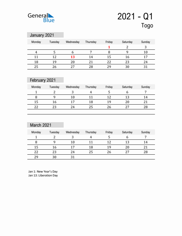 Togo Quarter 1 2021 Calendar with Holidays
