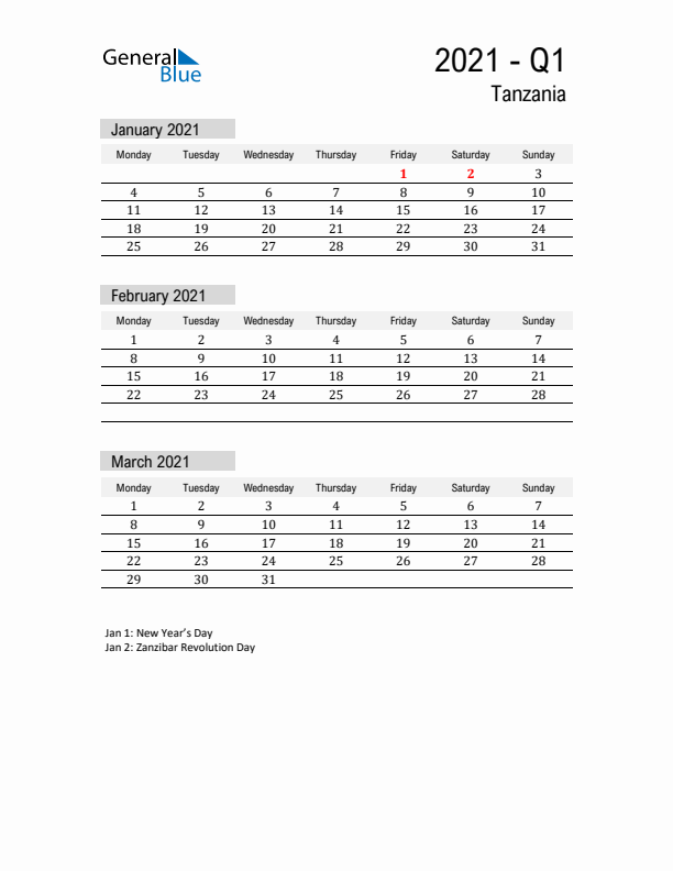 Tanzania Quarter 1 2021 Calendar with Holidays