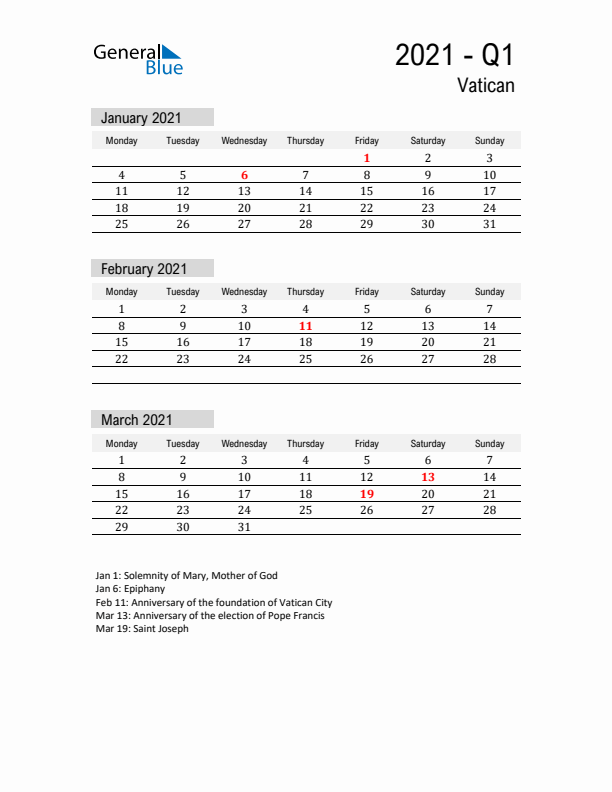 Vatican Quarter 1 2021 Calendar with Holidays