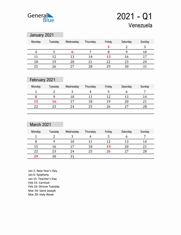 Venezuela Quarter 1 2021 Calendar with Holidays