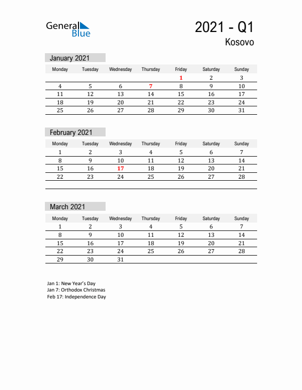 Kosovo Quarter 1 2021 Calendar with Holidays