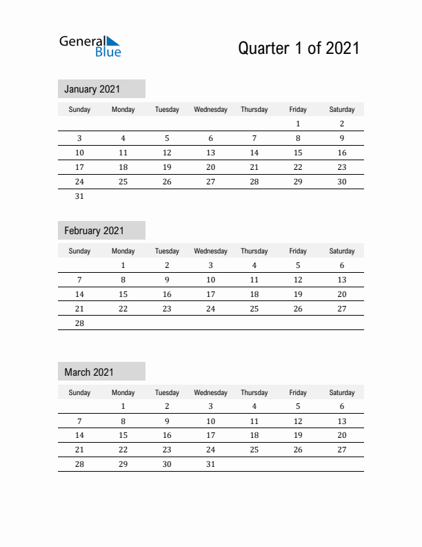 January, February, and March Calendar 2021