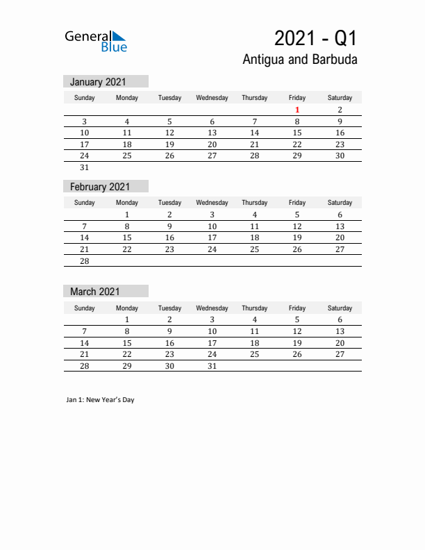 Antigua and Barbuda Quarter 1 2021 Calendar with Holidays