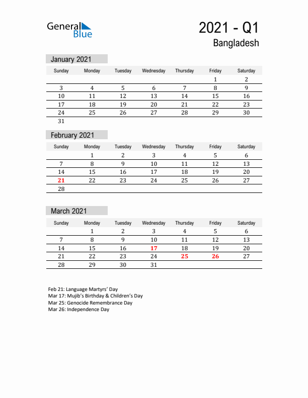 Bangladesh Quarter 1 2021 Calendar with Holidays