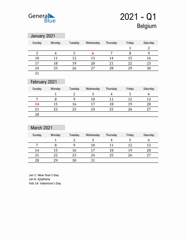 Belgium Quarter 1 2021 Calendar with Holidays