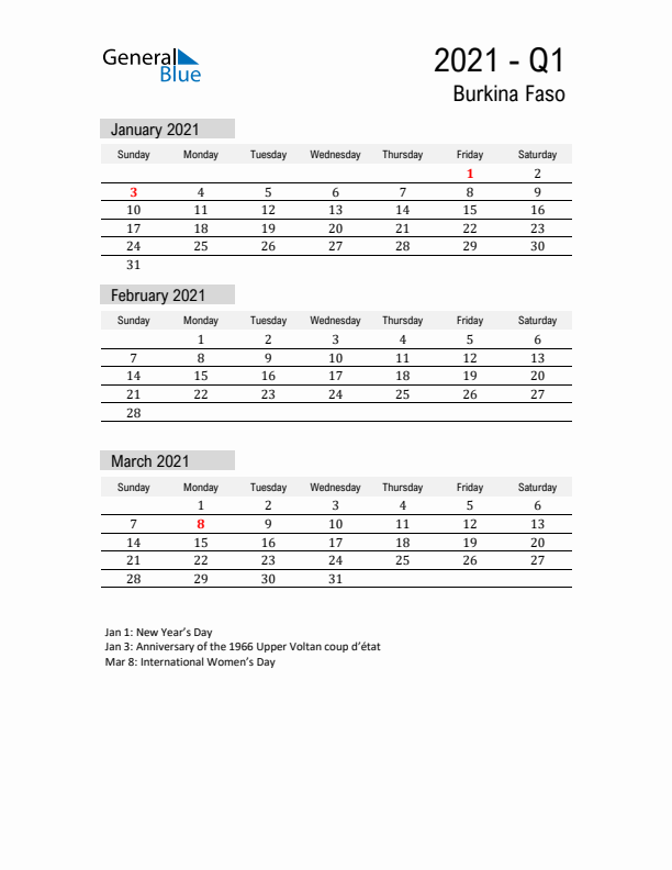 Burkina Faso Quarter 1 2021 Calendar with Holidays