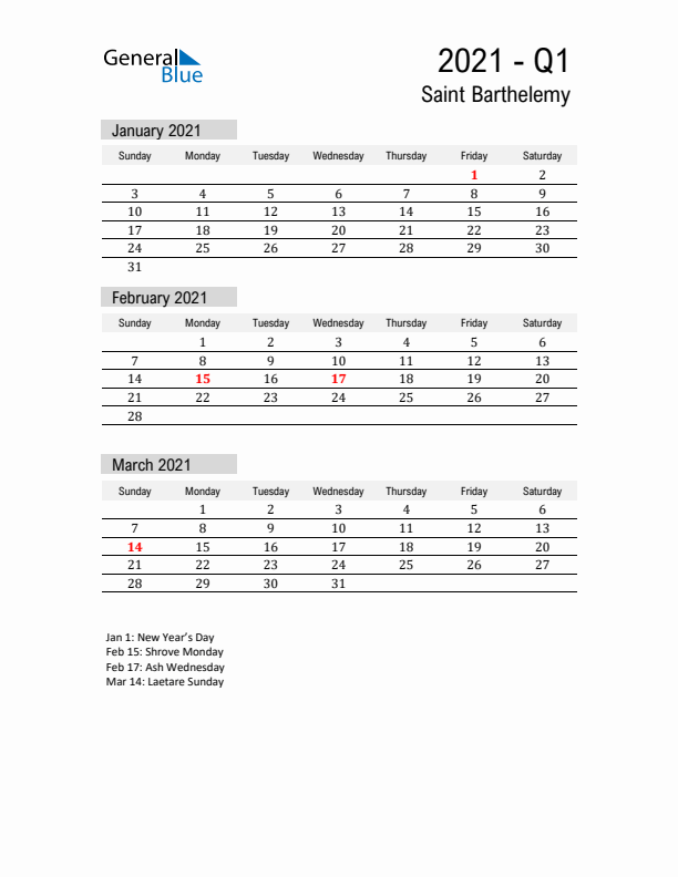 Saint Barthelemy Quarter 1 2021 Calendar with Holidays