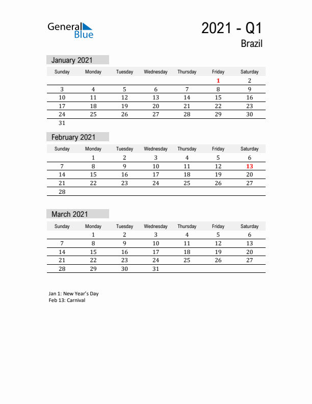 Brazil Quarter 1 2021 Calendar with Holidays