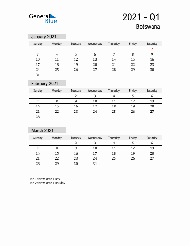 Botswana Quarter 1 2021 Calendar with Holidays