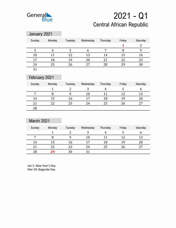Central African Republic Quarter 1 2021 Calendar with Holidays
