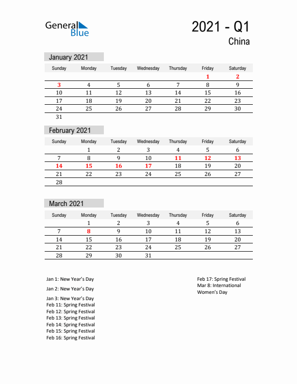 China Quarter 1 2021 Calendar with Holidays
