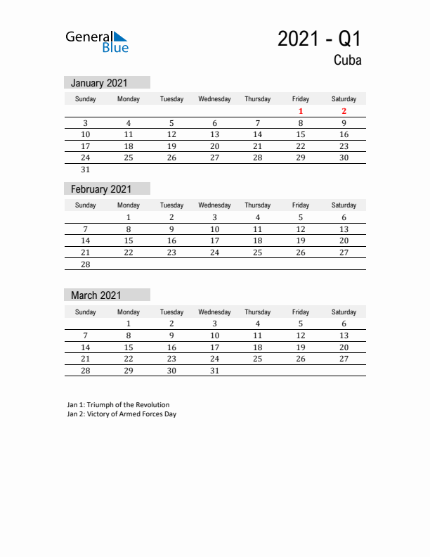 Cuba Quarter 1 2021 Calendar with Holidays