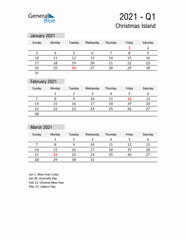 Christmas Island Quarter 1 2021 Calendar with Holidays