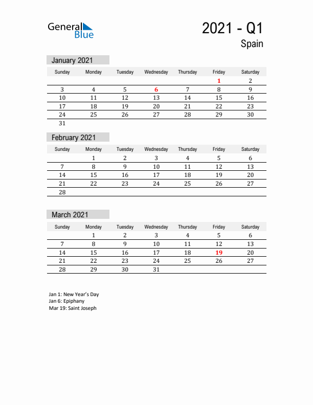 Spain Quarter 1 2021 Calendar with Holidays