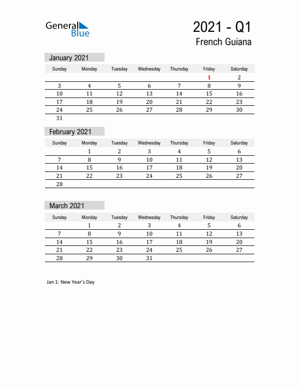 French Guiana Quarter 1 2021 Calendar with Holidays