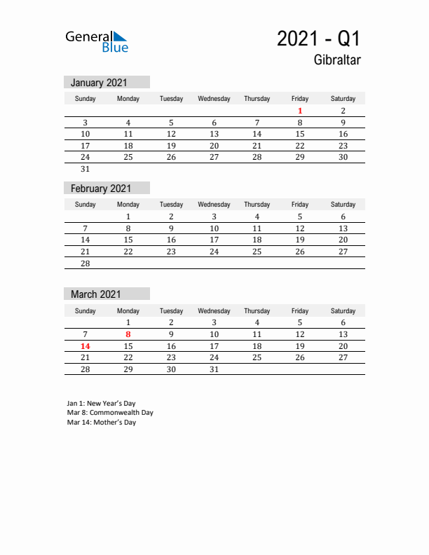 Gibraltar Quarter 1 2021 Calendar with Holidays