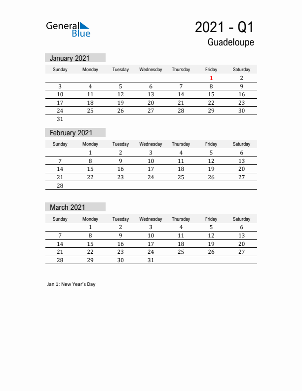 Guadeloupe Quarter 1 2021 Calendar with Holidays