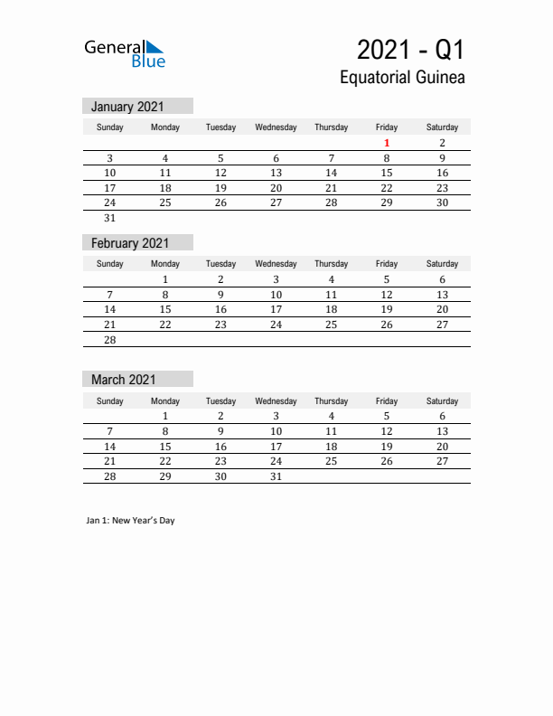 Equatorial Guinea Quarter 1 2021 Calendar with Holidays
