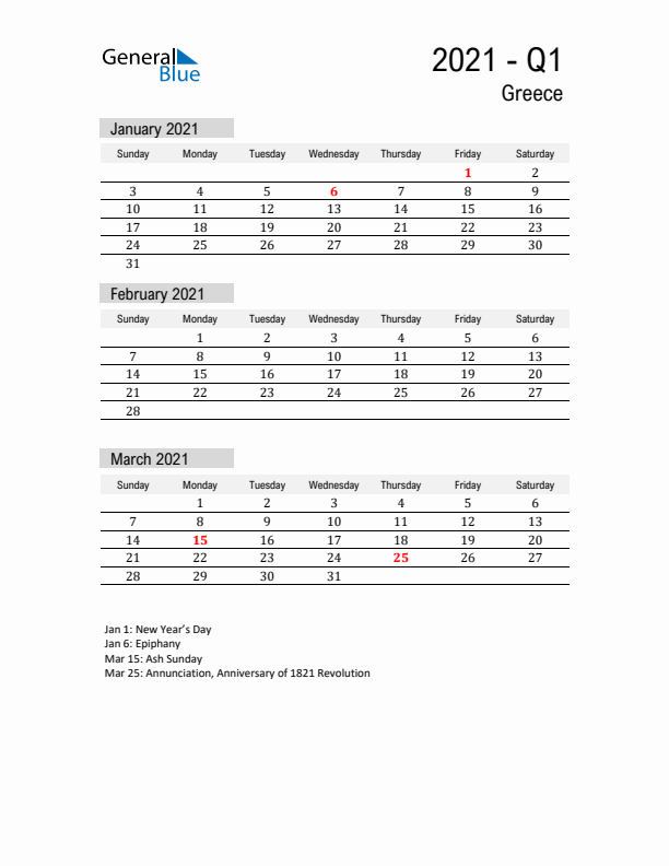 Greece Quarter 1 2021 Calendar with Holidays