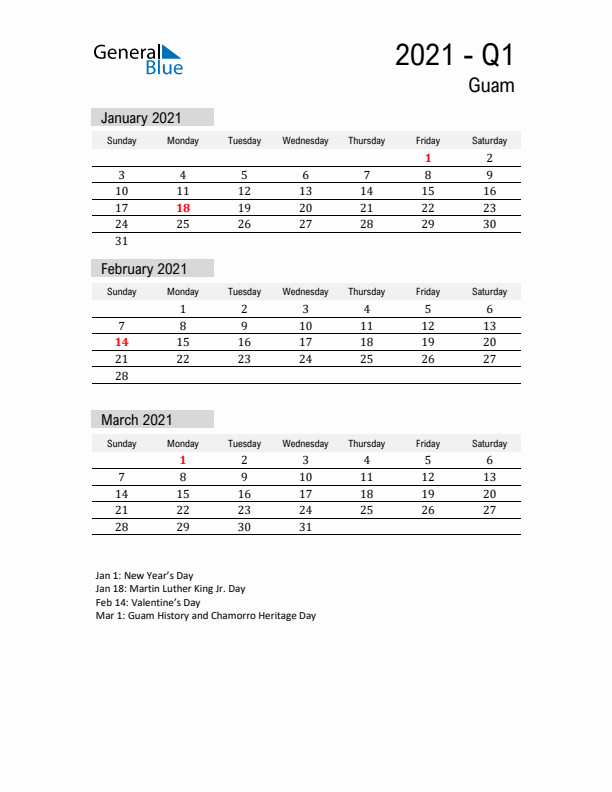 Guam Quarter 1 2021 Calendar with Holidays