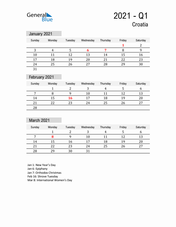 Croatia Quarter 1 2021 Calendar with Holidays