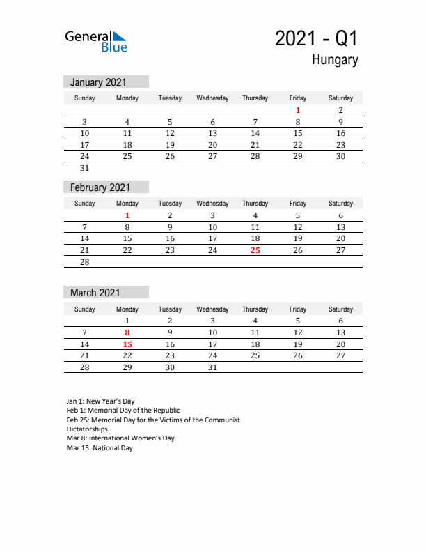 Hungary Quarter 1 2021 Calendar with Holidays