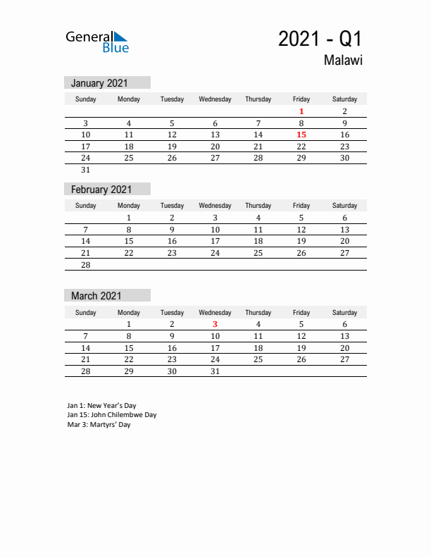 Malawi Quarter 1 2021 Calendar with Holidays