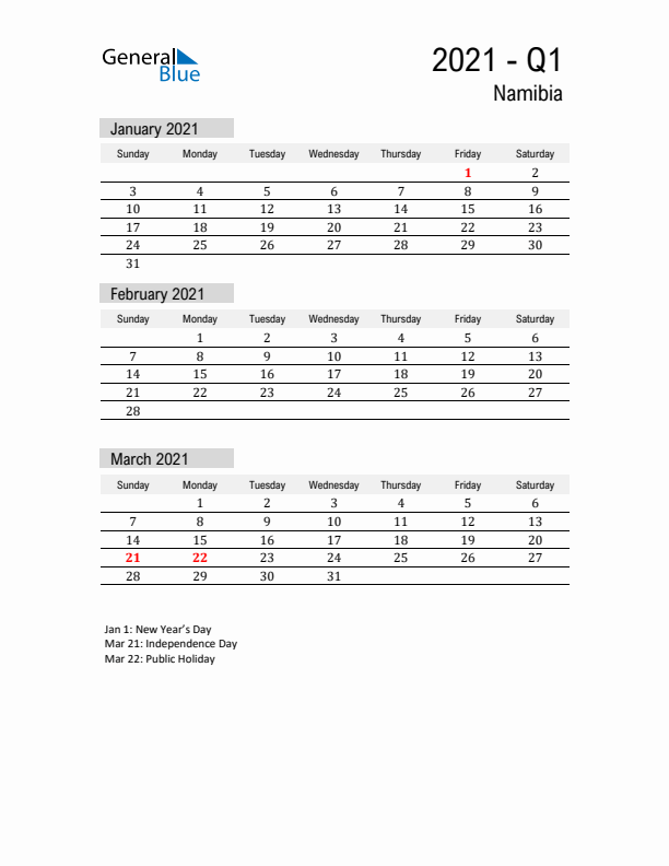 Namibia Quarter 1 2021 Calendar with Holidays