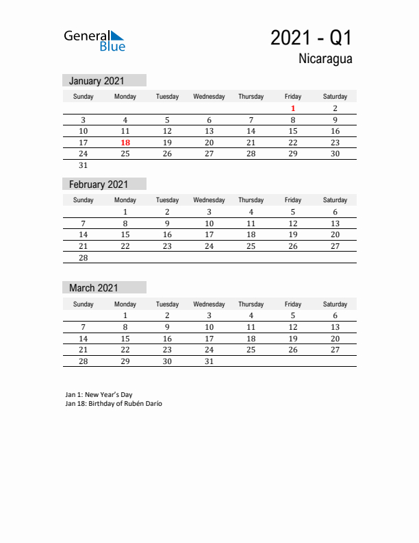 Nicaragua Quarter 1 2021 Calendar with Holidays