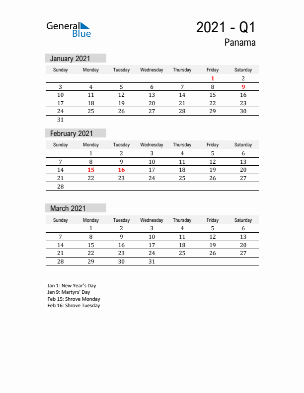 Panama Quarter 1 2021 Calendar with Holidays