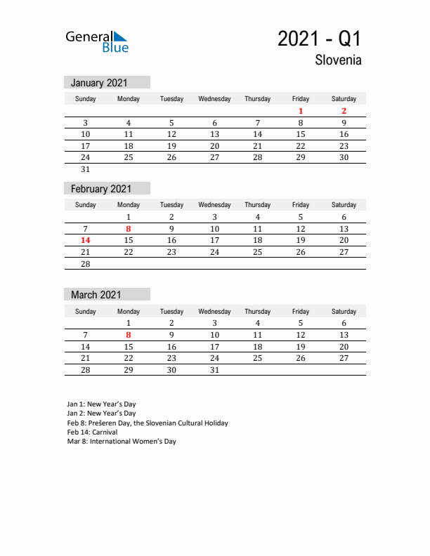 Slovenia Quarter 1 2021 Calendar with Holidays