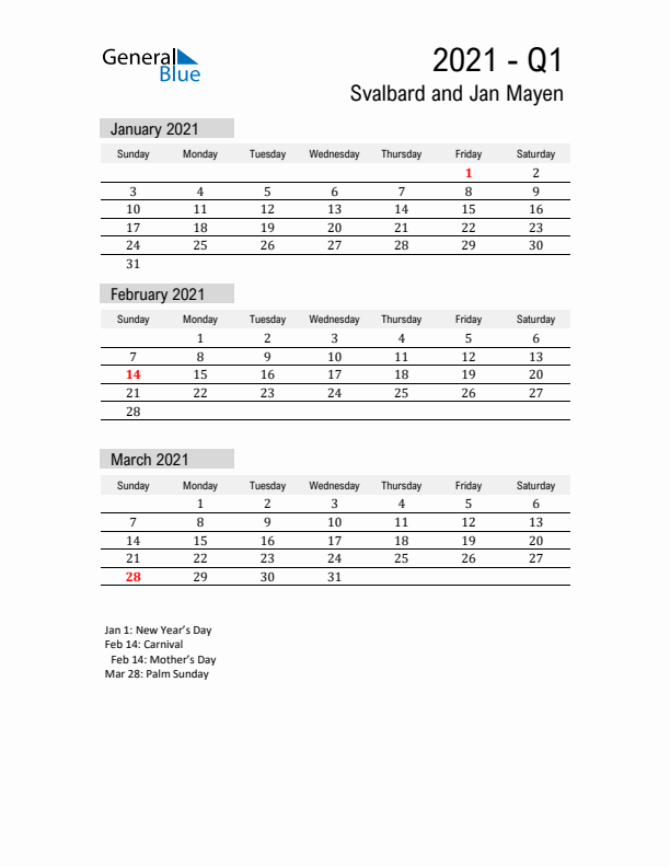 Svalbard and Jan Mayen Quarter 1 2021 Calendar with Holidays