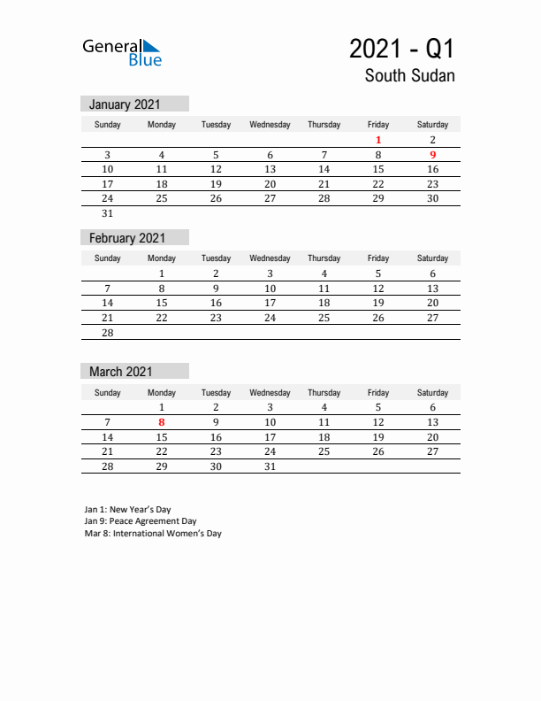 South Sudan Quarter 1 2021 Calendar with Holidays