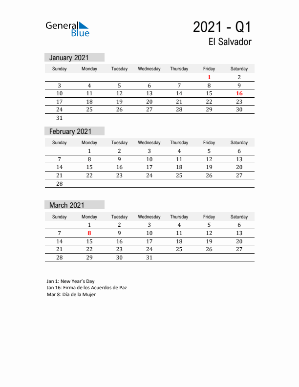 El Salvador Quarter 1 2021 Calendar with Holidays