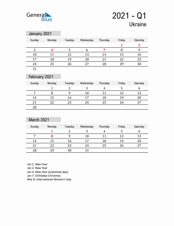 Ukraine Quarter 1 2021 Calendar with Holidays