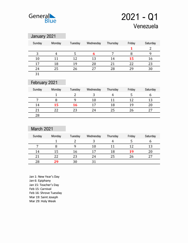 Venezuela Quarter 1 2021 Calendar with Holidays