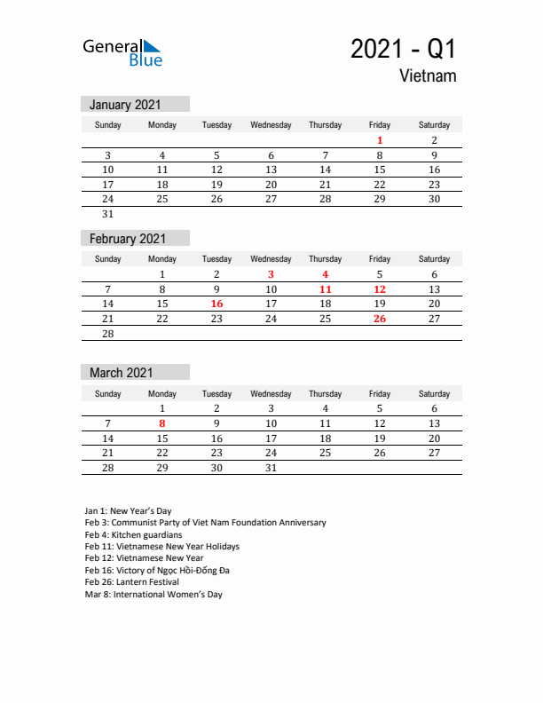 Vietnam Quarter 1 2021 Calendar with Holidays