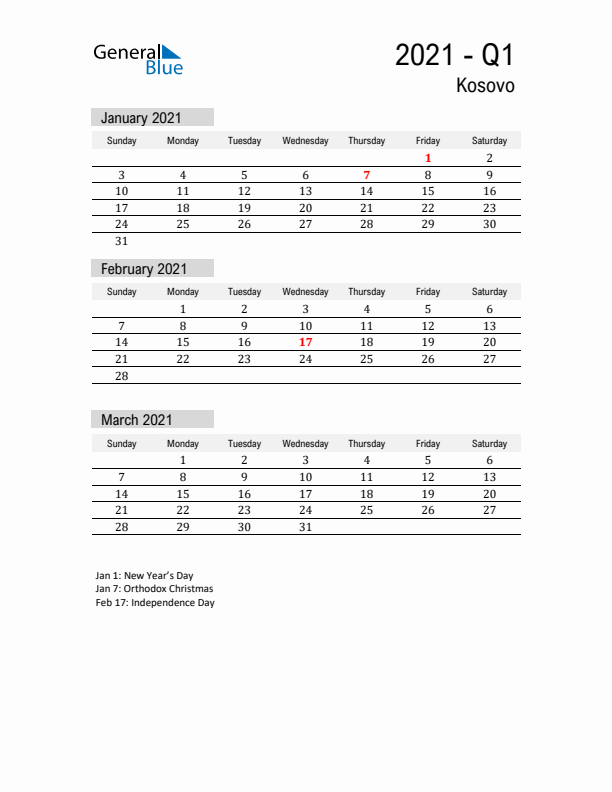 Kosovo Quarter 1 2021 Calendar with Holidays