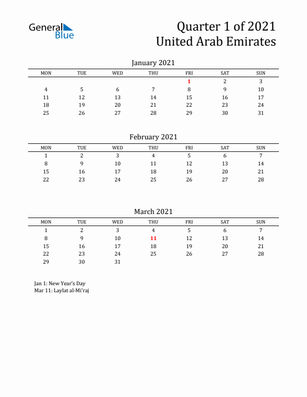 Quarter 1 2021 United Arab Emirates Quarterly Calendar