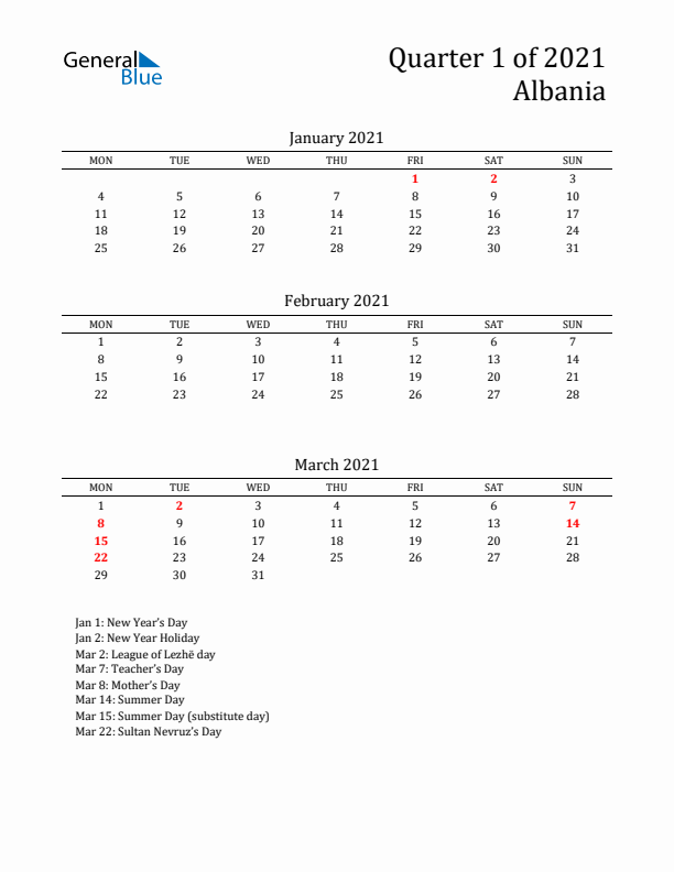 Quarter 1 2021 Albania Quarterly Calendar