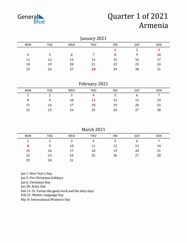 Quarter 1 2021 Armenia Quarterly Calendar