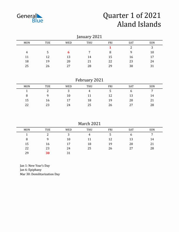 Quarter 1 2021 Aland Islands Quarterly Calendar