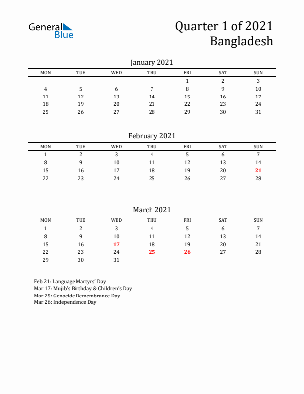 Quarter 1 2021 Bangladesh Quarterly Calendar