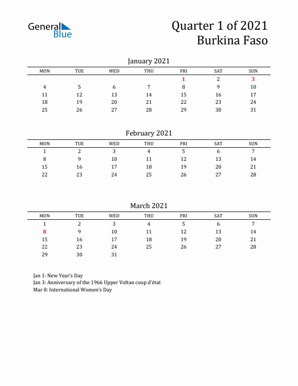 Quarter 1 2021 Burkina Faso Quarterly Calendar