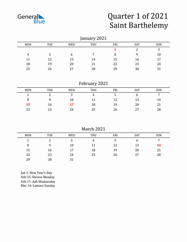 Quarter 1 2021 Saint Barthelemy Quarterly Calendar