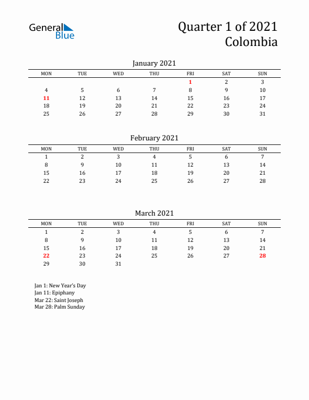 Quarter 1 2021 Colombia Quarterly Calendar